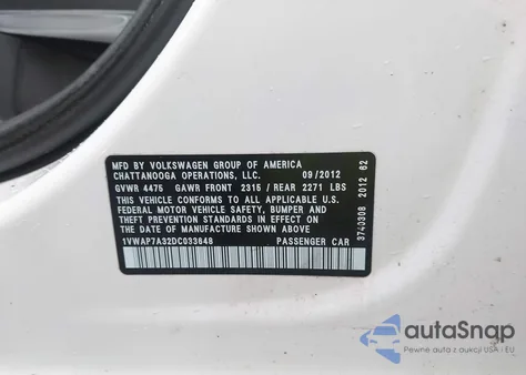 2013 Volkswagen Passat S z USA, uszkodzony, nr VIN 1VWAP7A32DC033648